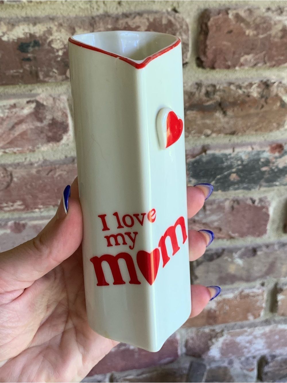 Vintage Rare Ceramic 'I Love My Mom' Vase with Red Accents Pottery